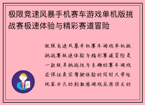 极限竞速风暴手机赛车游戏单机版挑战赛极速体验与精彩赛道冒险