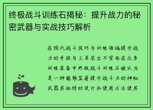终极战斗训练石揭秘：提升战力的秘密武器与实战技巧解析